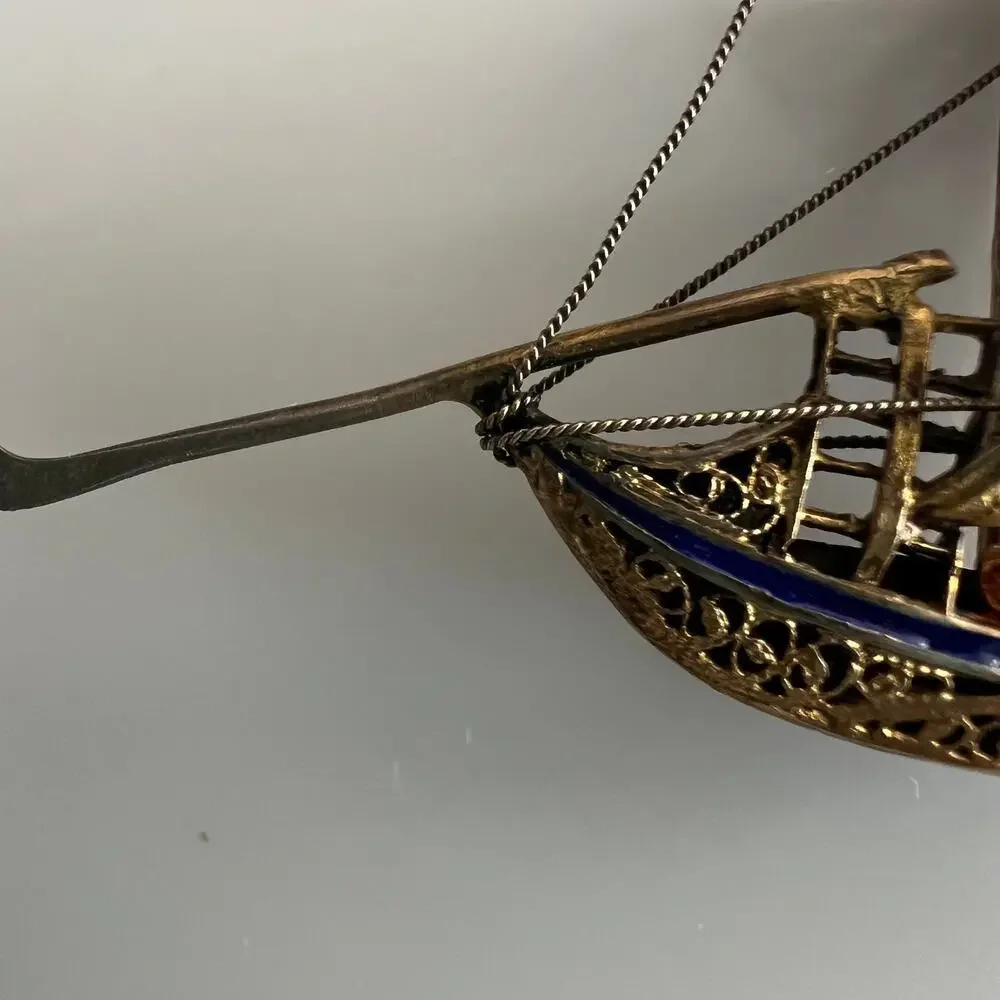 Vintage Gold Tone Filigree Chinese Ship Boat Brooch